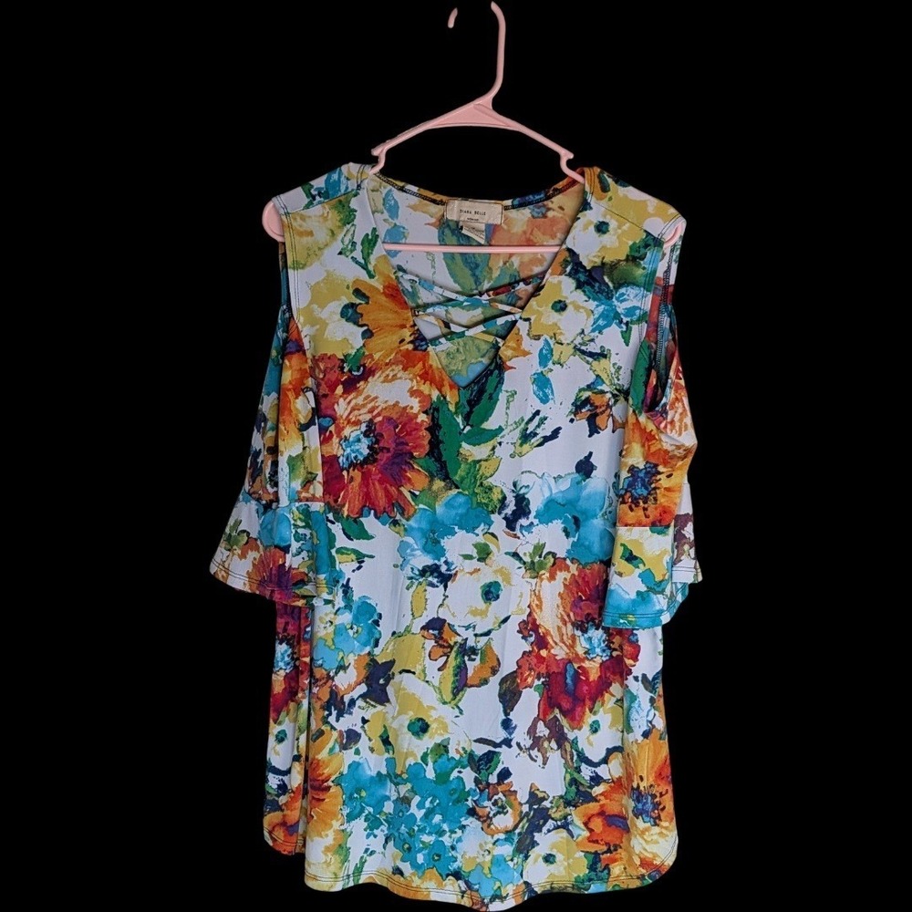 Diana Belle Cold Shoulder Top Womens 1X Multicolor Floral Lattice‎ Ruffle Sleeve